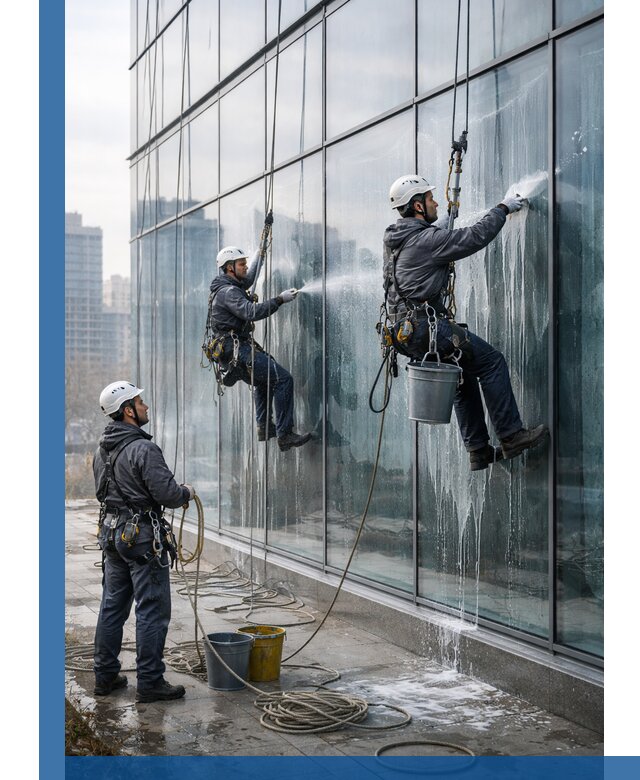 Промышленная мойка панорамных окон на высоте в Когалыме