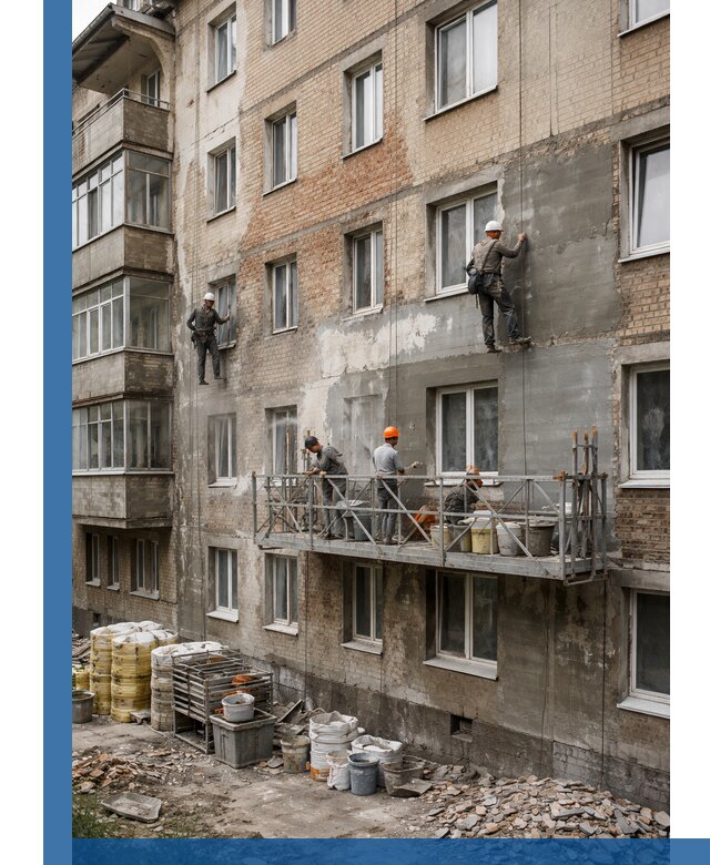 Капитальный ремонт фасада в Когалыме с восстановлением и гидроизоляцией