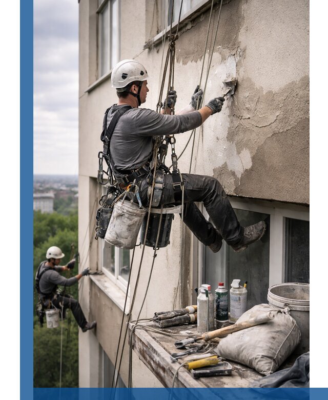 Косметический ремонт фасада зданий в Когалыме промышленными альпинистами