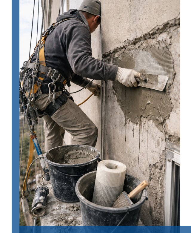 Ремонт бетонных элементов фасада промышленными альпинистами в Когалыме