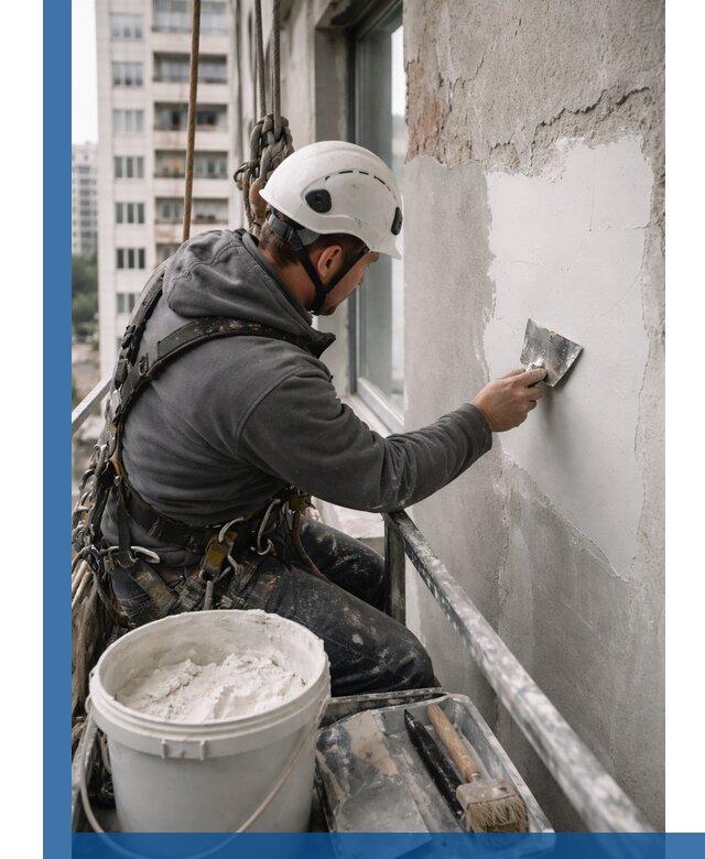 Шпаклевка фасадов на высоте с промальпинистами в Когалыме