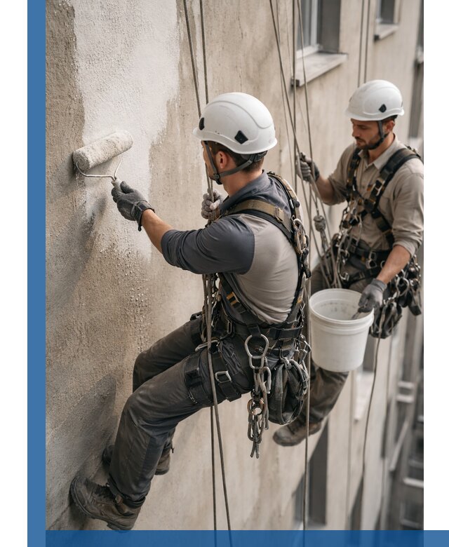 Грунтовка фасада на высоте в Когалыме промышленными альпинистами