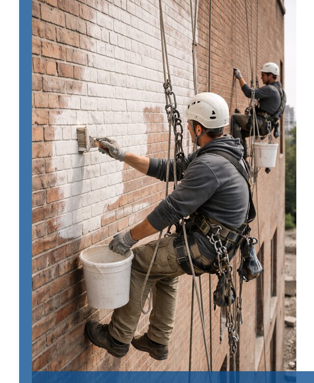 Покраска кирпичного фасада с доступным альпинистским сервисом в Когалыме