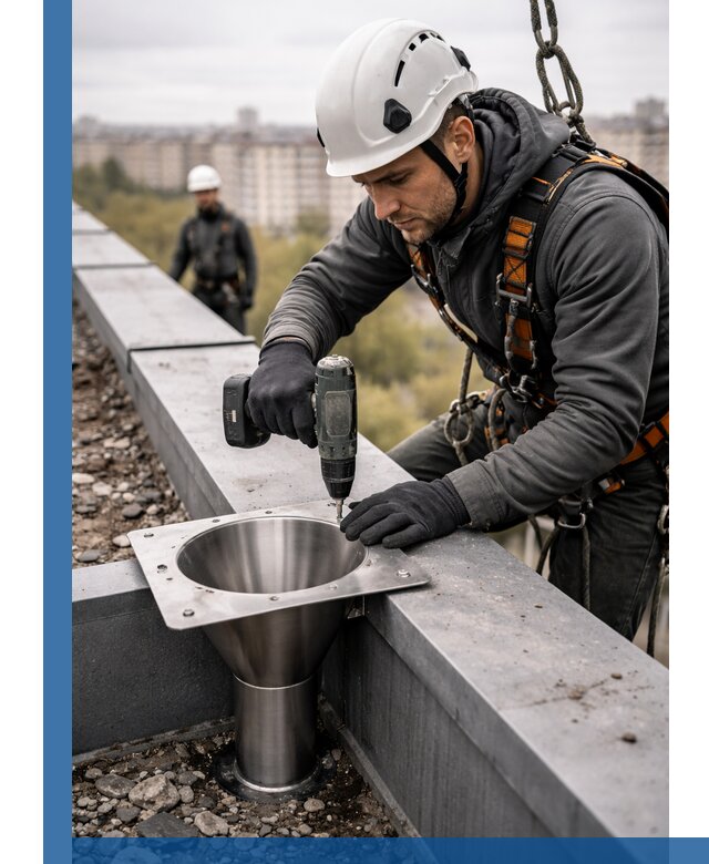 Монтаж водосточных воронок в Когалыме для промышленных зданий