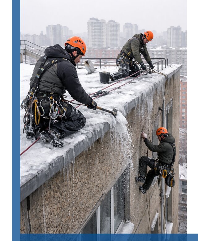 Удаление наледи с кровли в Когалыме промышленными альпинистами