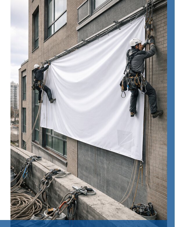 Монтаж баннеров на фасаде в Когалыме от 672 р. заказать ВЫСОТНИК-Кгл