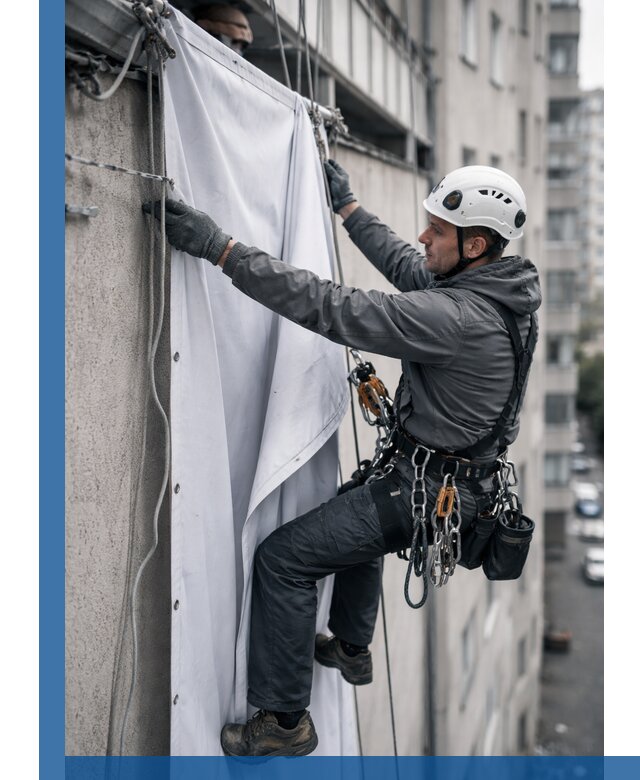 Замена баннерного полотна промышленными альпинистами в Когалыме