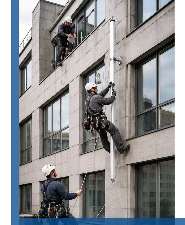 Монтаж флагштока на фасаде здания с креплением и герметикой в Когалыме