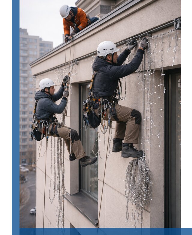 Монтаж праздничных гирлянд на фасаде в Когалыме для зданий