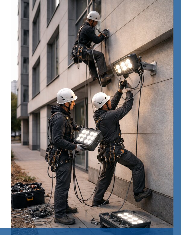 Монтаж прожекторов на фасаде в Когалыме от 7754 р. | ВЫСОТНИК-Кгл