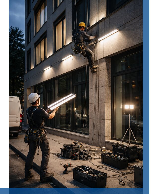 Монтаж архитектурной подсветки здания в Когалыме от 2585 р.|ВЫСОТНИК-Кгл