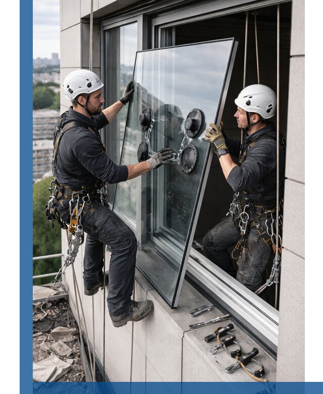Замена стеклопакетов на высоте с промышленными альпинистами в Когалыме