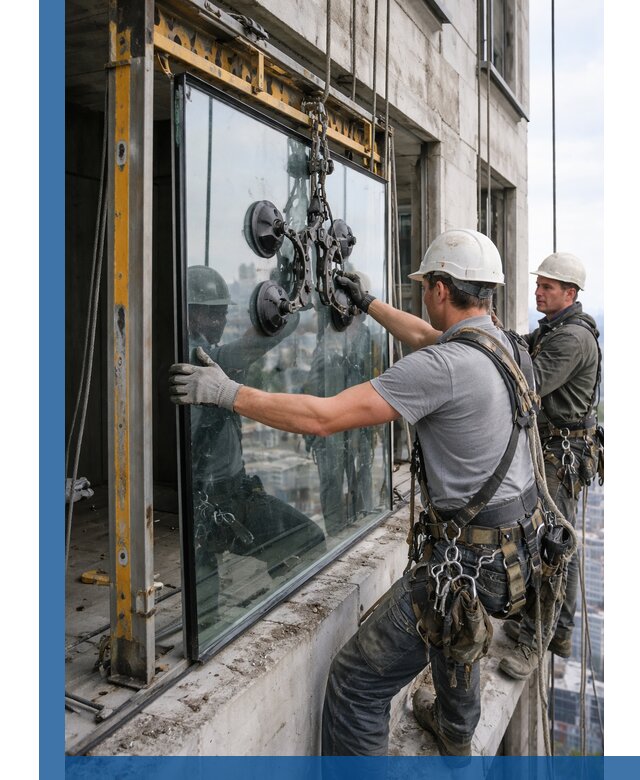 Монтаж стеклопакетов на высоте в Когалыме с промышленным альпинизмом