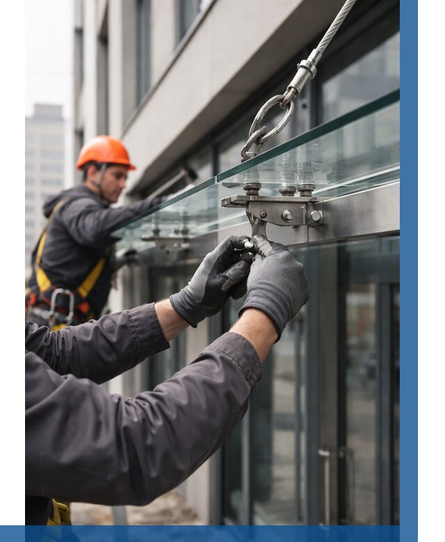 Монтаж стеклянных козырьков в Когалыме от 8787 р. | ВЫСОТНИК-Кгл