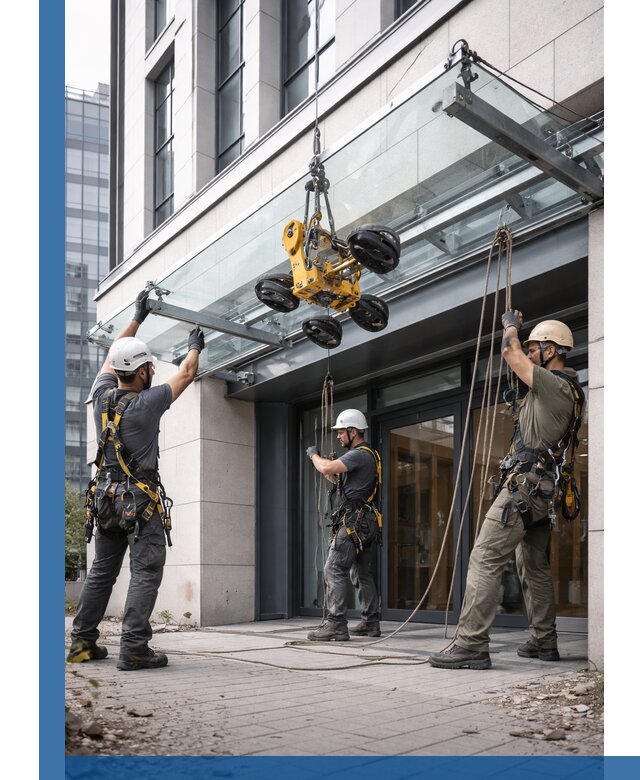 Монтаж стеклянных козырьков под ключ в Когалыме для зданий