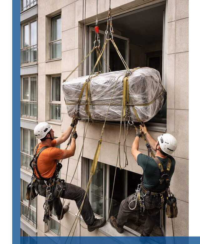 Подъем грузов через окно в Когалыме промышленными альпинистами