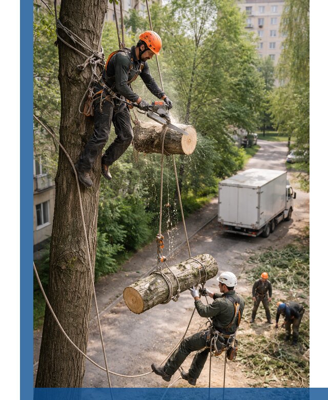 Спил деревьев альпинистами в Когалыме, безопасно и без повреждений