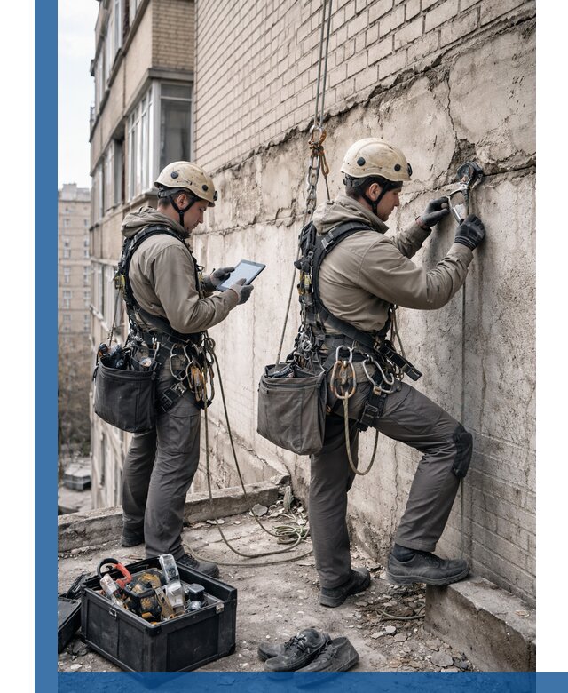 Обследование фасада промышленными альпинистами в Когалыме